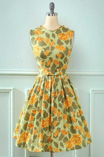 Vestido de impressão floral verde claro dos anos 50